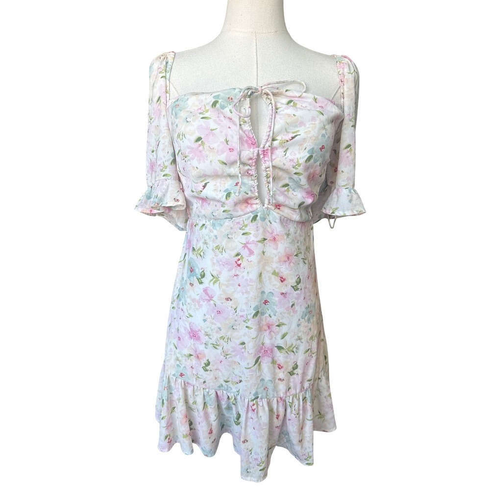 Abercrombie & Fitch Floral Milkmaid Puff Sleeve Mini Dress Size M Smocked Ruffle - Picture 2 of 11